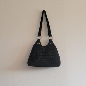 black crochet flower handbag with silver rings
